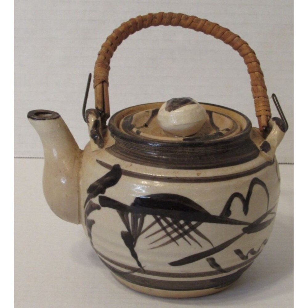 Vintage Japanese Ceramic Dobin Earthenware Teapot With Lid Bamboo Handle 5 Inch